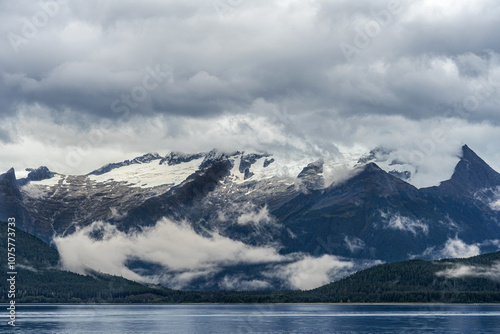 Snowcapped mountains in Alaska in Auke bay near Juneau