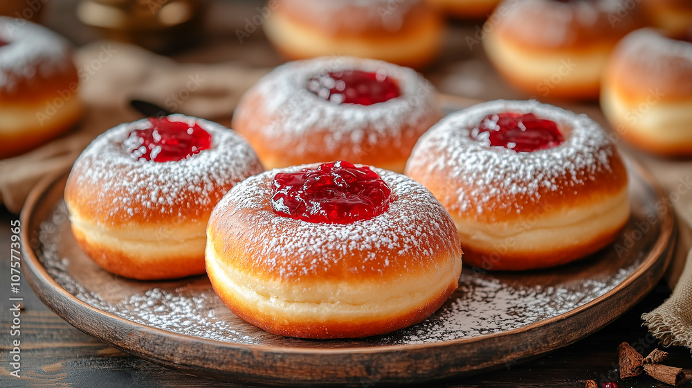 A plate of freshly baked sufganiyot (jelly donuts) with red jam and dusted with powdered sugar