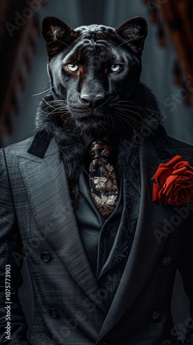 Elegant Anthropomorphic Black Panther in a Sophisticated Suit