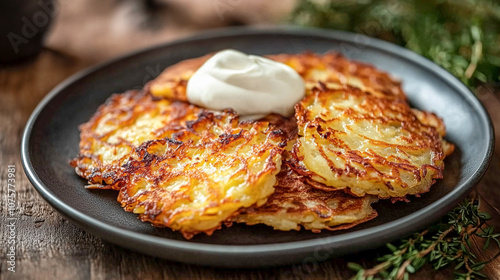 A plate of golden-brown latkes served with sour cream photo