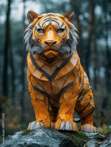 A majestic tiger, but the body is made of wrinkled and faded paper pieces, origami art, surrealism, installation art, master work, poster, high quality, delicate texture photo