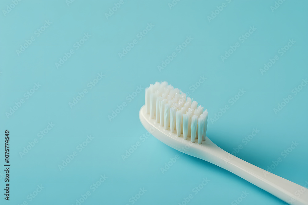 A close-up of a white toothbrush on a light blue background. A close-up of a white toothbrush on a light blue background.