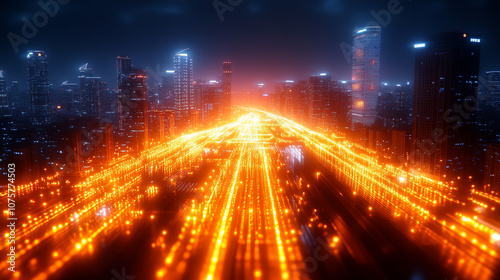 Urban highway illuminated by bright lights leading into futuristic city