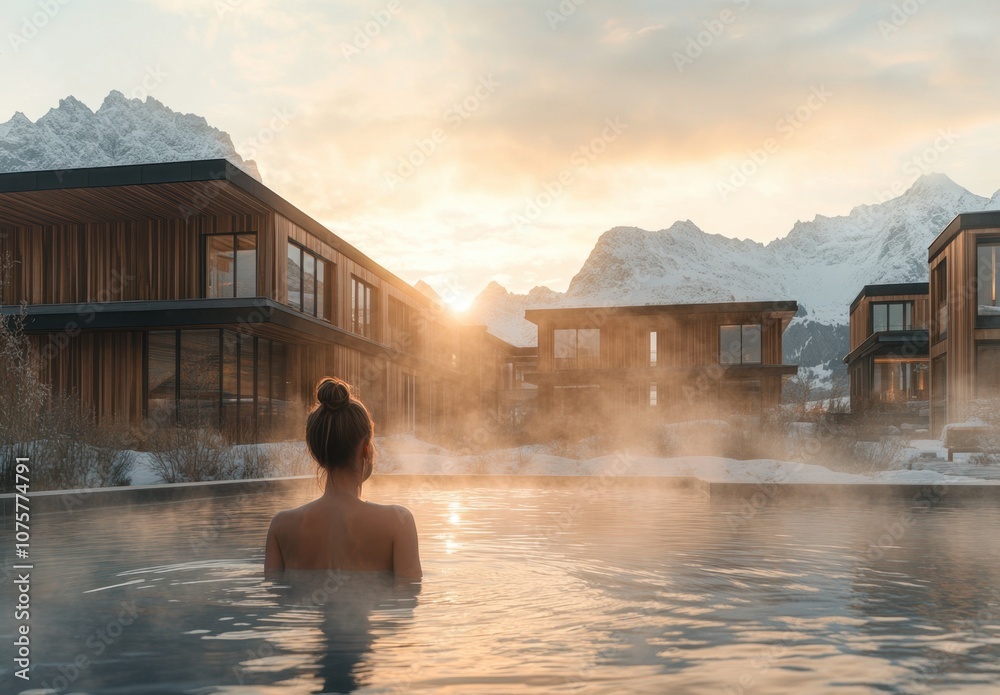 A woman relaxing in the hot spring pool at sunrise, steam rising from the water, cozy outdoor wooden buildings surrounding the spa with snow-covered mountains in the background A woman relaxing in the hot spring pool at sunrise, steam rising from the water, cozy outdoor wooden buildings surrounding the spa with snow-covered mountains in the background