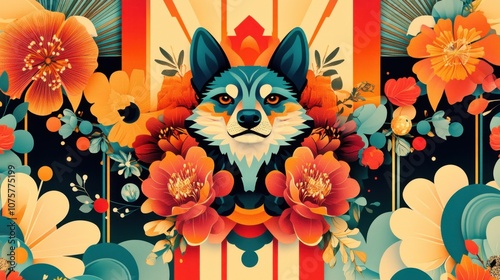 Art Deco poster for a Chinese New Year, dog character geometric minimalistic patterns with copy space empty place, stylized flowers, and vibrant colors