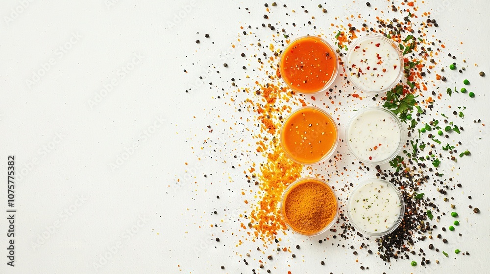A white table with three bowls filled with different spice mixes A white table with three bowls filled with different spice mixes