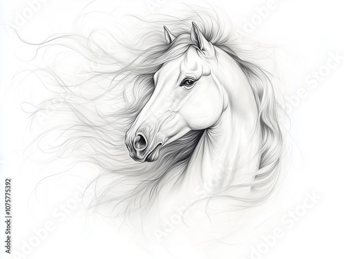 A pencil drawing of a majestic horse with a long, flowing mane, created on a plain white canvas photo