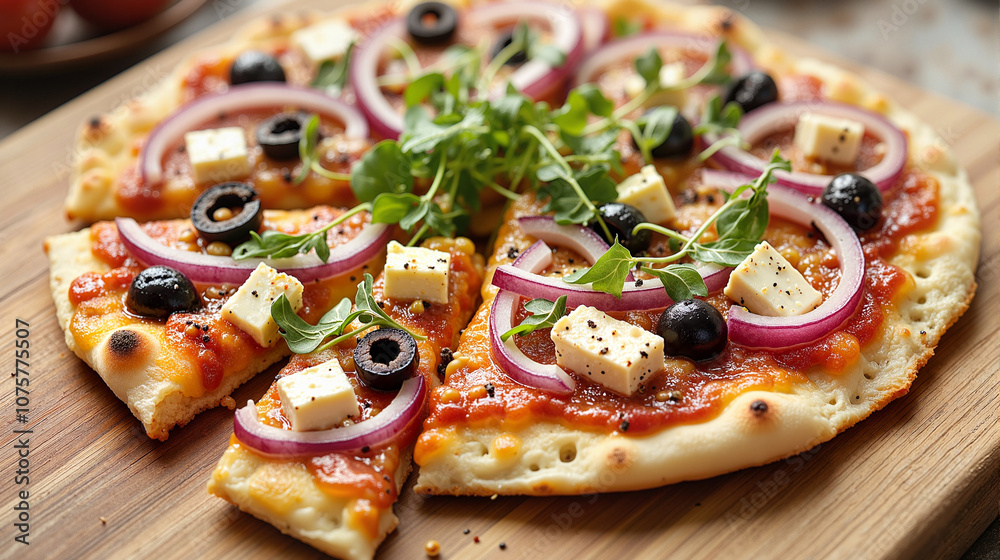 Greek pizza with feta, olives, and fresh herbs on wooden board Greek pizza with feta, olives, and fresh herbs on wooden board