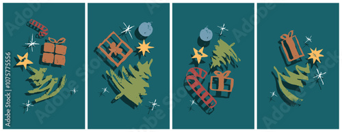 Modern Merry Christmas Postcard Collection Set: Holiday Greetings Grunge Minimal Vector Art Colorful Vibrant