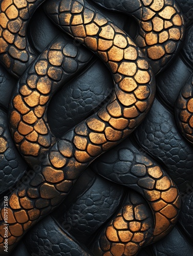 Background pattern featuring coiled snake rings in a deep black and gold color, viewed from a distance. 