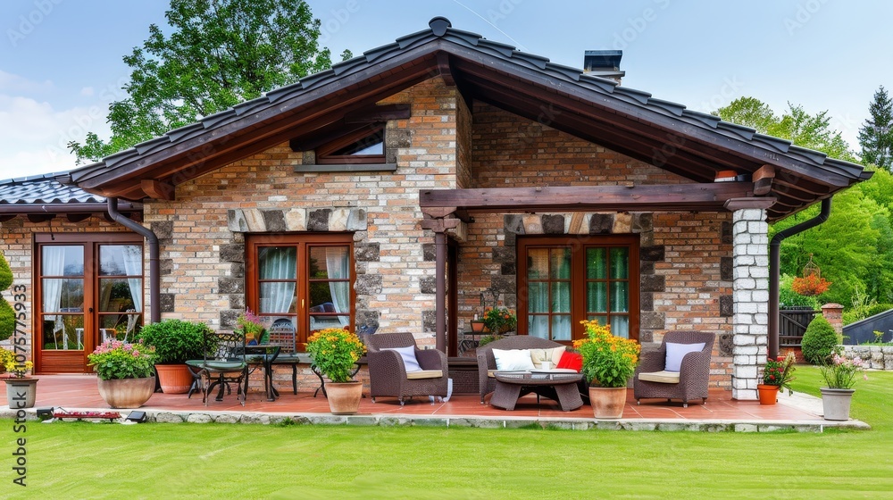Fototapeta premium A large brick house with a large patio and a large porch
