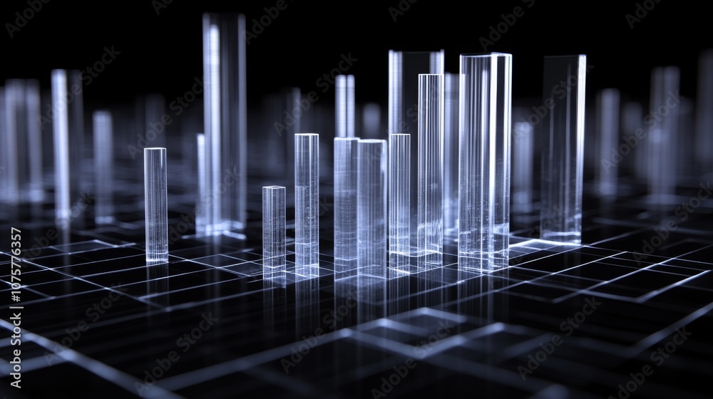 Abstract Digital Landscape of Glass-Like Structures Rising from a Grid, Symbolizing Data Visualization and Modern Technology in a Futuristic Environment Abstract Digital Landscape of Glass-Like Structures Rising from a Grid, Symbolizing Data Visualization and Modern Technology in a Futuristic Environment