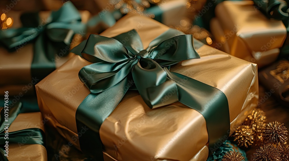 Gift boxes wrapped in gold paper with tidewater green satin ribbons. Happy New Year 2025 Gift boxes wrapped in gold paper with tidewater green satin ribbons. Happy New Year 2025