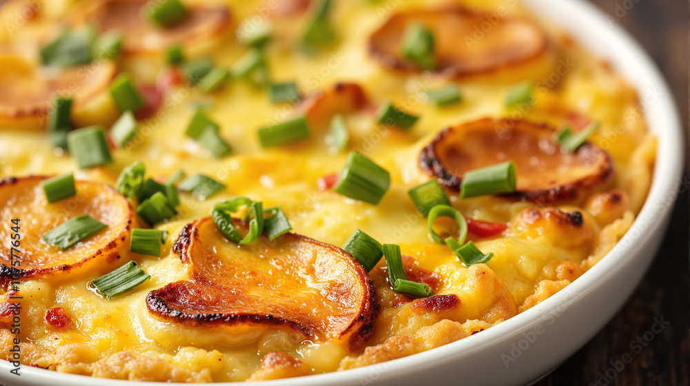 Quiche Lorraine with golden potatoes and green onions Quiche Lorraine with golden potatoes and green onions