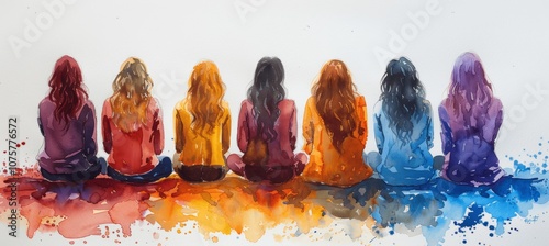 Watercolor Painting of Diverse Women Celebrating International Women's Day with Rainbow Colors on White Background photo