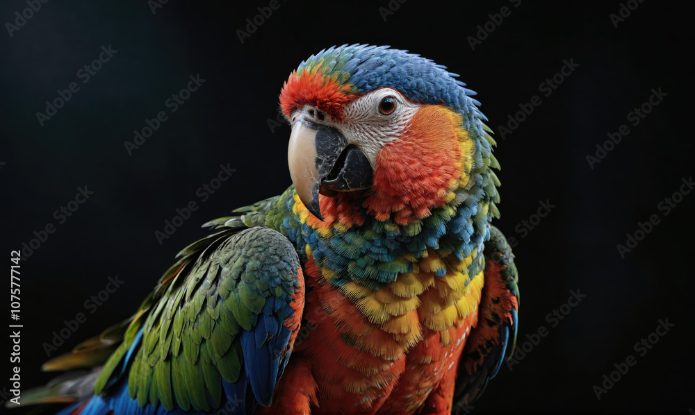 Fototapeta premium A colorful macaw sits against a black background, its bright feathers catching the light
