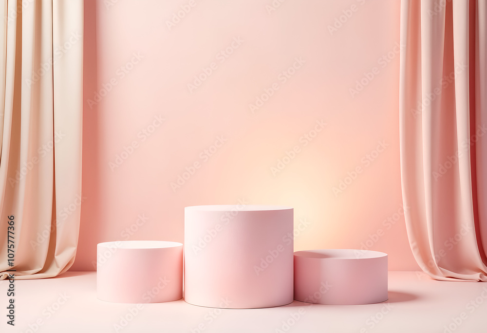 Minimalist setup with empty podiums in a soft pink setting, perfect for product display. Generative AI Minimalist setup with empty podiums in a soft pink setting, perfect for product display. Generative AI