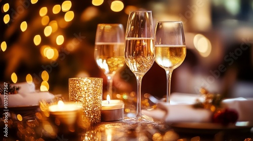 Sparkling Champagne Glasses on Festive Table Surrounded by Soft Glow of Twinkling Lights and Warm Candlelight for Celebration and Joyful Gatherings