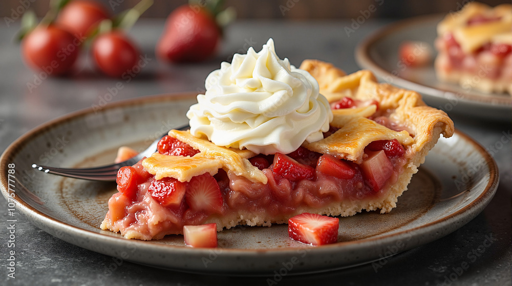 Strawberry rhubarb pie slice with whipped cream topping Strawberry rhubarb pie slice with whipped cream topping