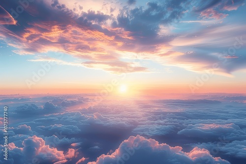 Aerial View of Sunset Above the Clouds from Airplane Window