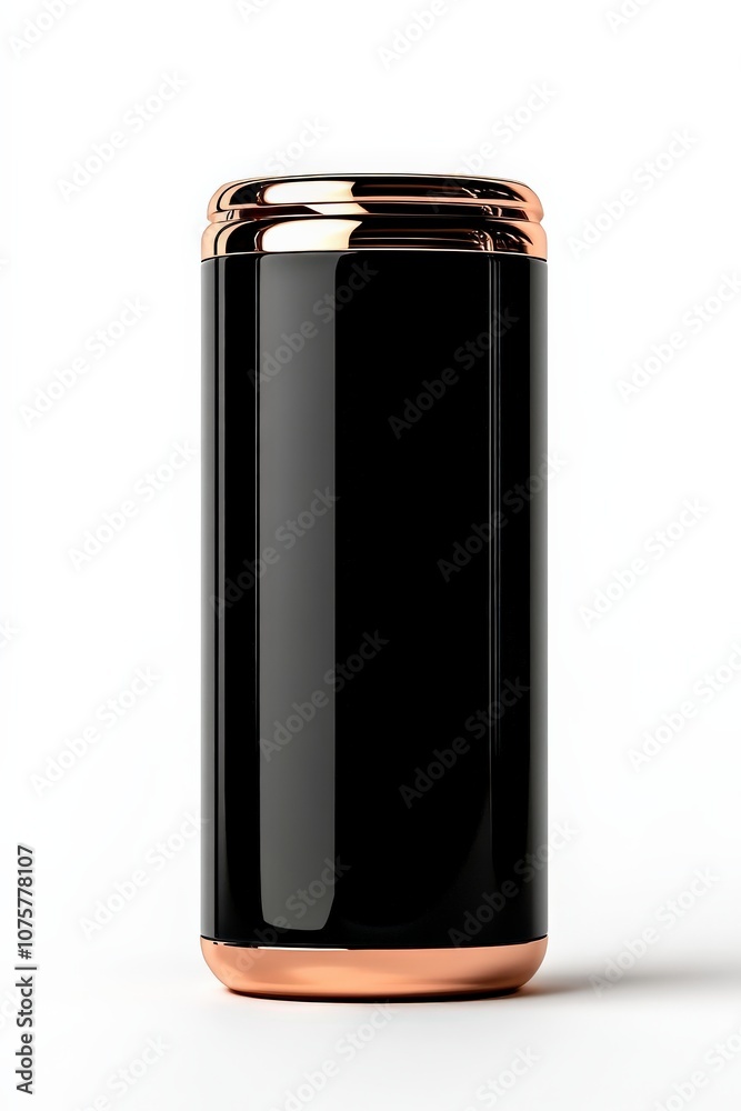 A sleek, black cylindrical container with a shiny copper bottom, designed for modern aesthetics and functionality. A sleek, black cylindrical container with a shiny copper bottom, designed for modern aesthetics and functionality.