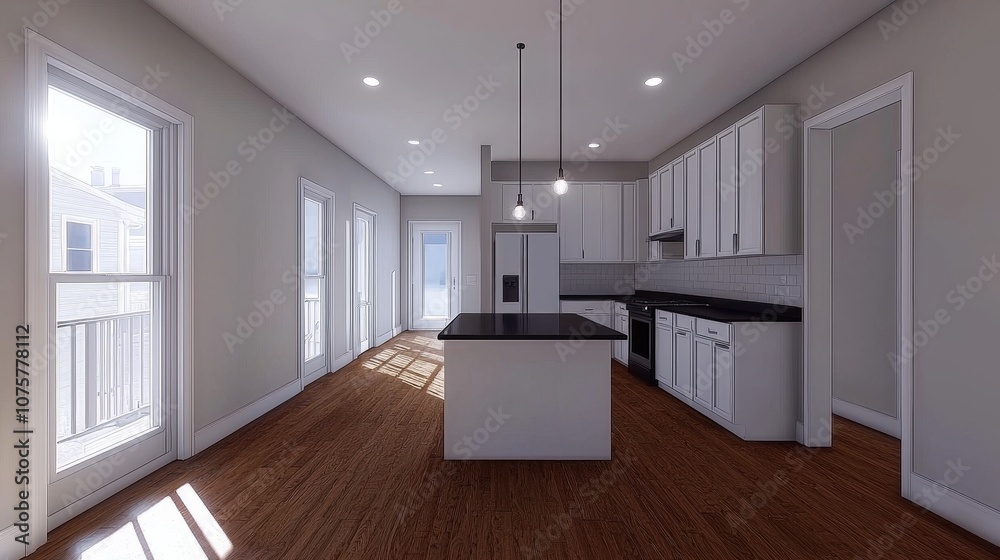 Fototapeta premium Modern Kitchen Interior Design with White Cabinets and Island