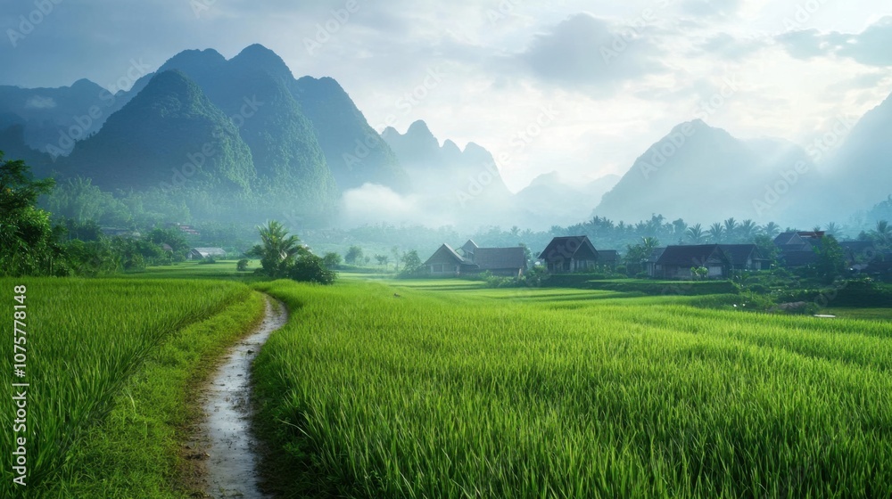 Fototapeta premium A wide-angle view of lush green fields leading to a quaint village,