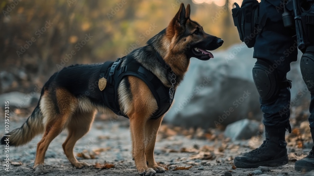 Police dog on duty with tactical officer in forest setting Police dog on duty with tactical officer in forest setting