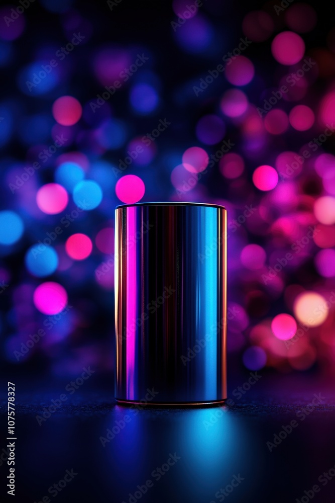 A reflective cylindrical object stands against a vibrant, colorful bokeh background, creating an ethereal, artistic atmosphere. A reflective cylindrical object stands against a vibrant, colorful bokeh background, creating an ethereal, artistic atmosphere.