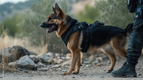 Police dog in tactical gear during outdoor training exercise