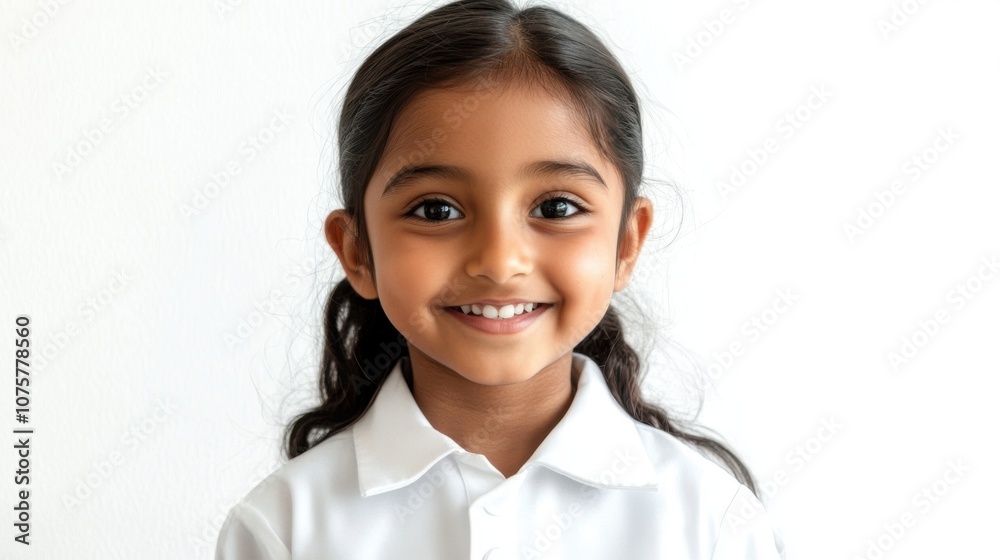 Adorable Indian-Asian schoolgirl smiling in a crisp white uniform, Adorable Indian-Asian schoolgirl smiling in a crisp white uniform,