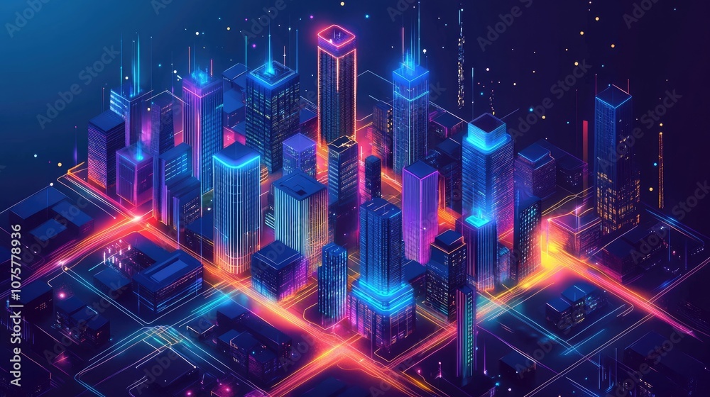 Fototapeta premium Modern isometric city plan 3d location map%3A living houses offices skyscrapers industrial buildings city landmarks