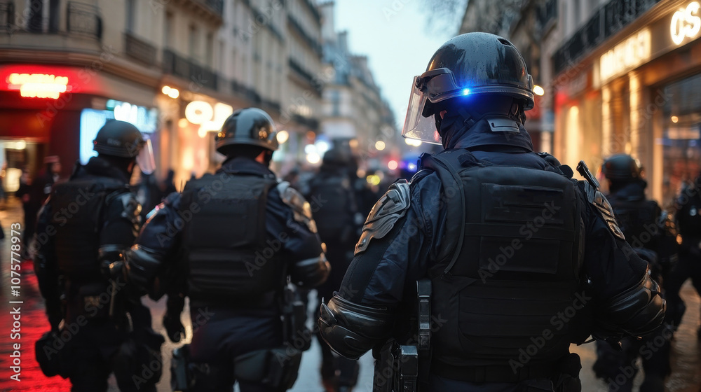 Police officers patrolling urban street in protective gear at night Police officers patrolling urban street in protective gear at night