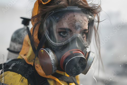 A young Caucasian woman in a gas mask and protective gear, displaying determination in a gritty, post-apocalyptic setting.