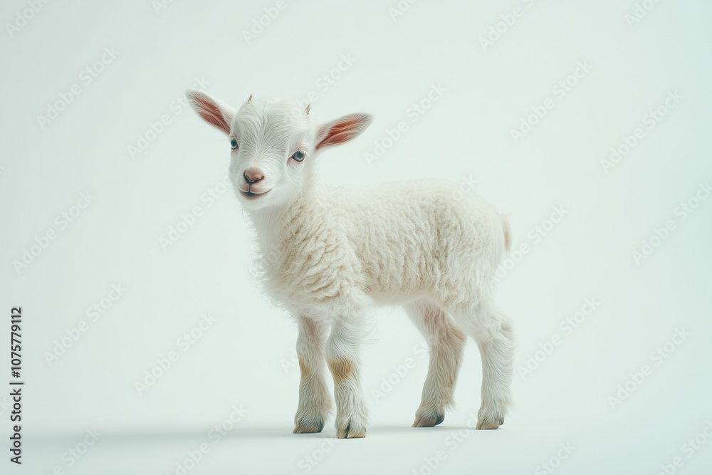 Fototapeta premium the beside view baby Domestic Goat standing, left side view, low angle, white copy space on right, Isolated on White Background