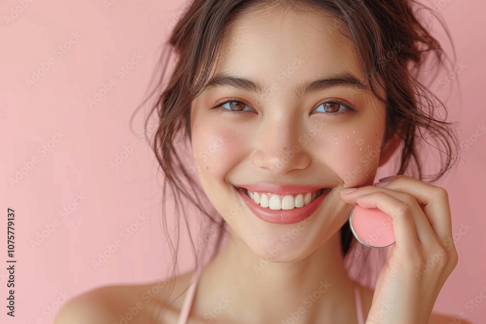 Young Japanese Woman Smiling with Mirror - Dental Care and Beauty Concept Young Japanese Woman Smiling with Mirror - Dental Care and Beauty Concept