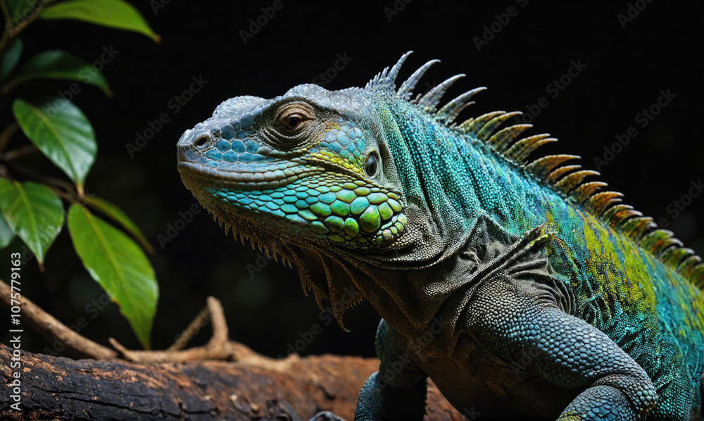 Fototapeta premium A blue iguana perches on a branch in a lush rainforest setting, its scales shimmering in the light
