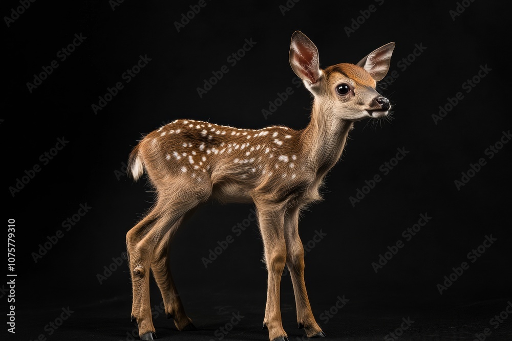 the beside view baby Sambar Deer standing, left side view, low angle, white copy space on right, Isolated on black Background the beside view baby Sambar Deer standing, left side view, low angle, white copy space on right, Isolated on black Background