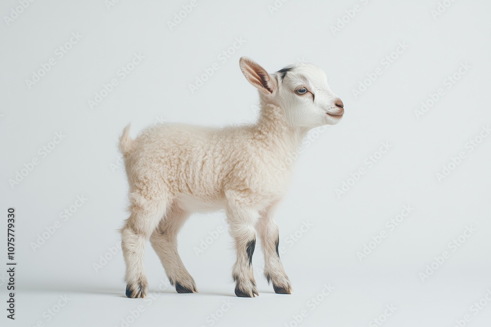 Fototapeta premium the beside view baby Domestic Goat standing, left side view, low angle, white copy space on right, Isolated on White Background