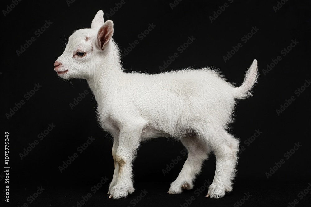 Fototapeta premium the beside view baby Domestic Goat standing, left side view, low angle, white copy space on right, Isolated on black Background