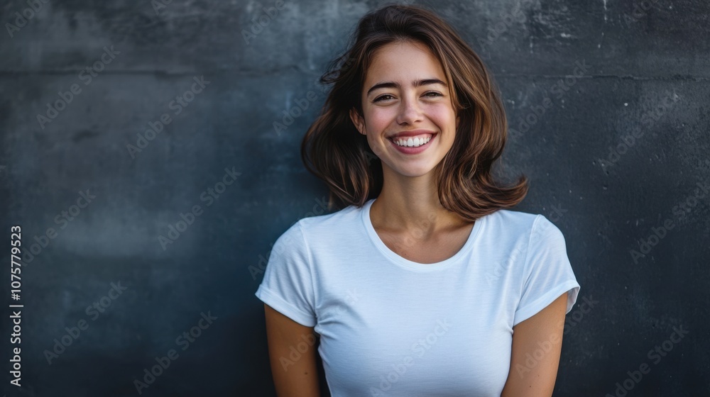 An athletic woman in a fitted white t-shirt, grinning widely and leaning casually An athletic woman in a fitted white t-shirt, grinning widely and leaning casually