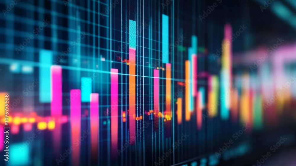 Abstract Colorful Data Visualization with Digital Bars and Graphs Representing Financial or Statistical Information on a Dark Background Abstract Colorful Data Visualization with Digital Bars and Graphs Representing Financial or Statistical Information on a Dark Background