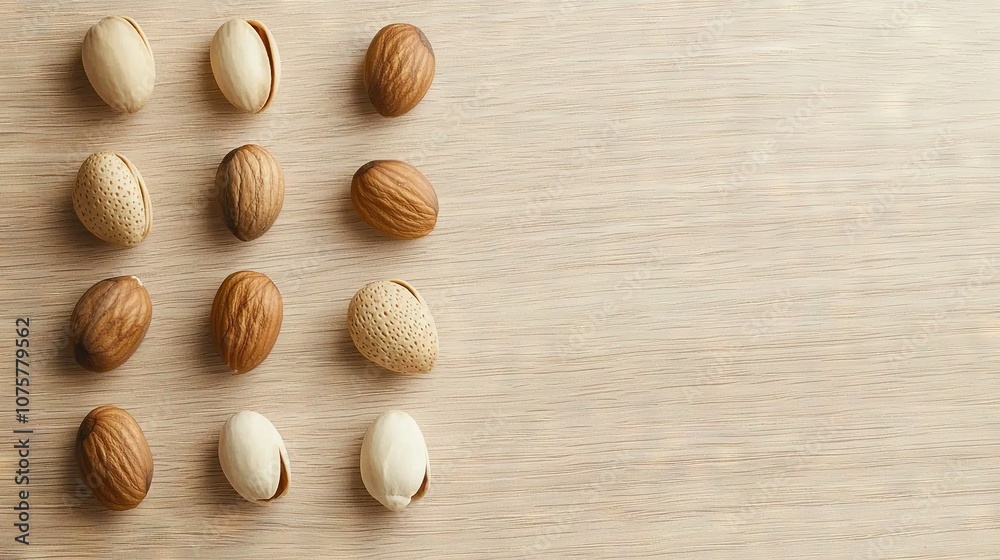 A cluster of nuts arranged on a wooden table beside a plywood surface A cluster of nuts arranged on a wooden table beside a plywood surface
