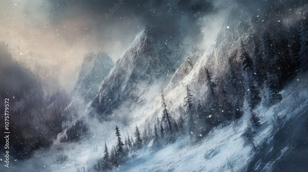 An atmospheric scene of abstract trees on a snow-covered mountain, with dramatic An atmospheric scene of abstract trees on a snow-covered mountain, with dramatic