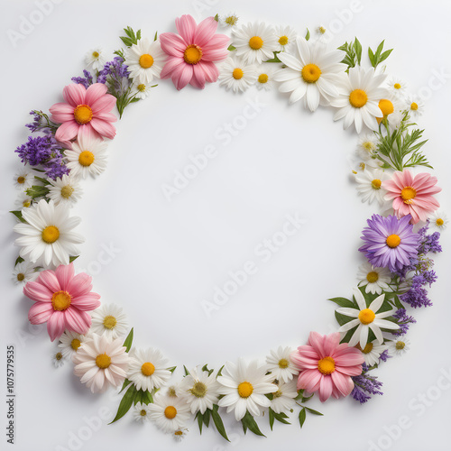 circular frame of flowers on white