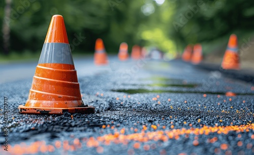 Traffic cones on asphalt road with construction work and fresh concrete surface, road repair in summer day photo