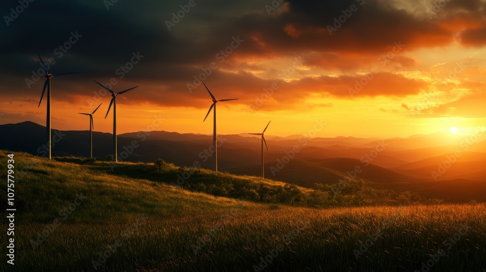 Obraz premium A serene sunset over a landscape featuring wind turbines, symbolizing renewable energy and a commitment to sustainable living.