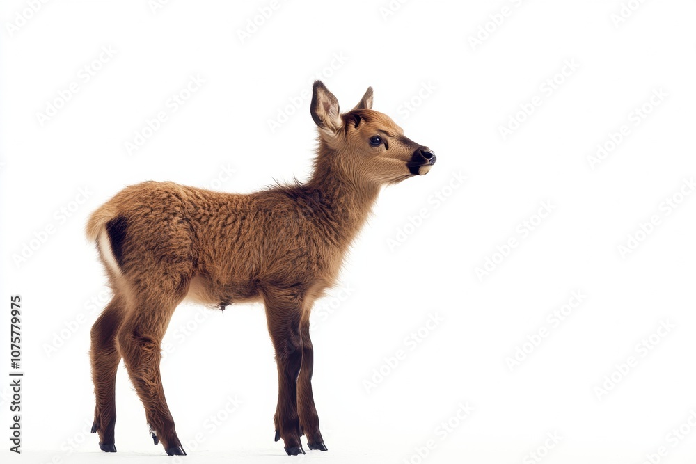 the beside view baby Elk standing, left side view, low angle, white copy space on right, Isolated on White Background the beside view baby Elk standing, left side view, low angle, white copy space on right, Isolated on White Background