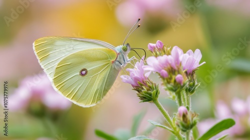 Beautiful Yellow Butterfly on Pink Flowers in a Lush Garden Setting with Soft Focus and Natural Light Capturing the Essence of Springtime Beauty and Delicacy