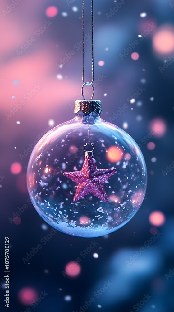 Shimmering glass ornament with a pink star surrounded by sparkling snow.